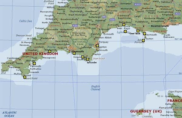 Map of SW England showing sightings of Dony/Georges